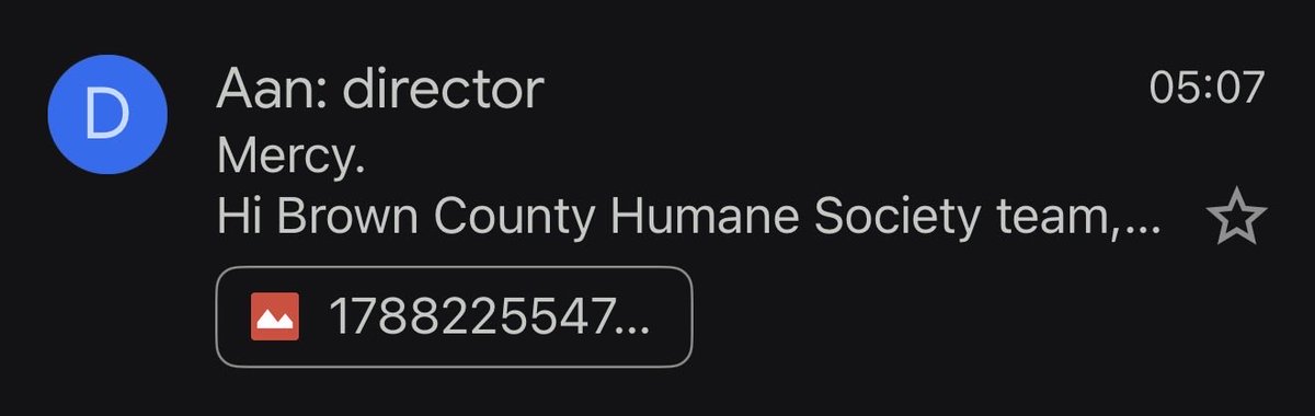 JusticeForMercy's tweet photo. I just emailed the Director of Brown County Humane Society directly.

I explained the $MERCY community, attached proof of the $300 already donated and asked to establish direct contact for future donations and verified updates on Mercy and her five puppies.

Now we wait for their response.

Justice for Mercy. 🤍