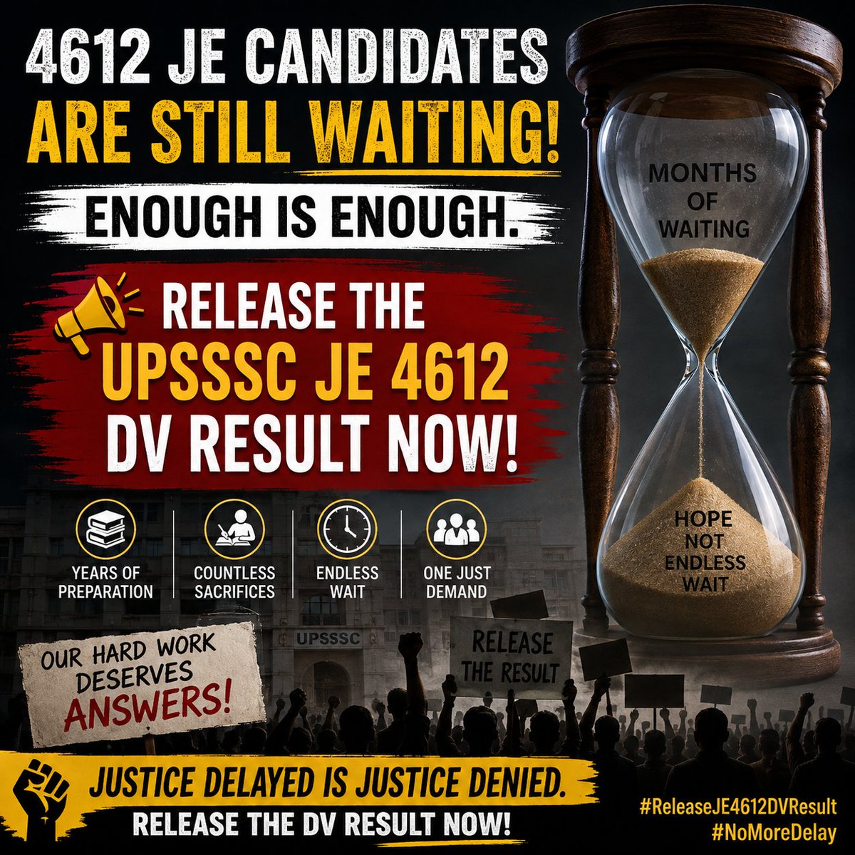 Shashan82333450's tweet photo. "Delaying results delays progress—UPSSSC, break the silence and release the JE 4612 DV result now!"
#UPSSSC_JE_4612_DV_RESULT
@myogiadityanath
@CMOfficeUP
@brajeshpathakup
@UpssscOfficial1
@IasHarikesh
@kpmaurya1
@ChiefSecyUP
@TheLallantop
@News18UP
@aajtak
@ABPNews
@TheNewspinch https://t.co/f3XUhaEGk8