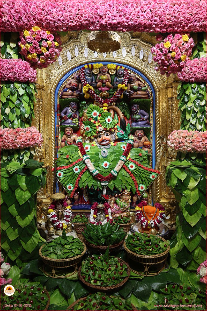 kashtbhanjandev's tweet photo. Darshan :01-09-2026 
શ્રાવણ માસ અંતર્ગત શ્રીકષ્ટભંજનદેવ હનુમાનજી દાદાને નાગરવેલના પાન અને પુષ્પોનો દિવ્ય શણગાર કરી પાનના બીડા ધરાવાયા 
Hello Devotees   
Jai Shri swaminarayan
Shri kashtbhanjandev hanumanji Maharaj Salangpur dham.
https://t.co/3qP0lxENuX
https://t.co/zgOd7Pu4DO https://t.co/xQMwbMDROg