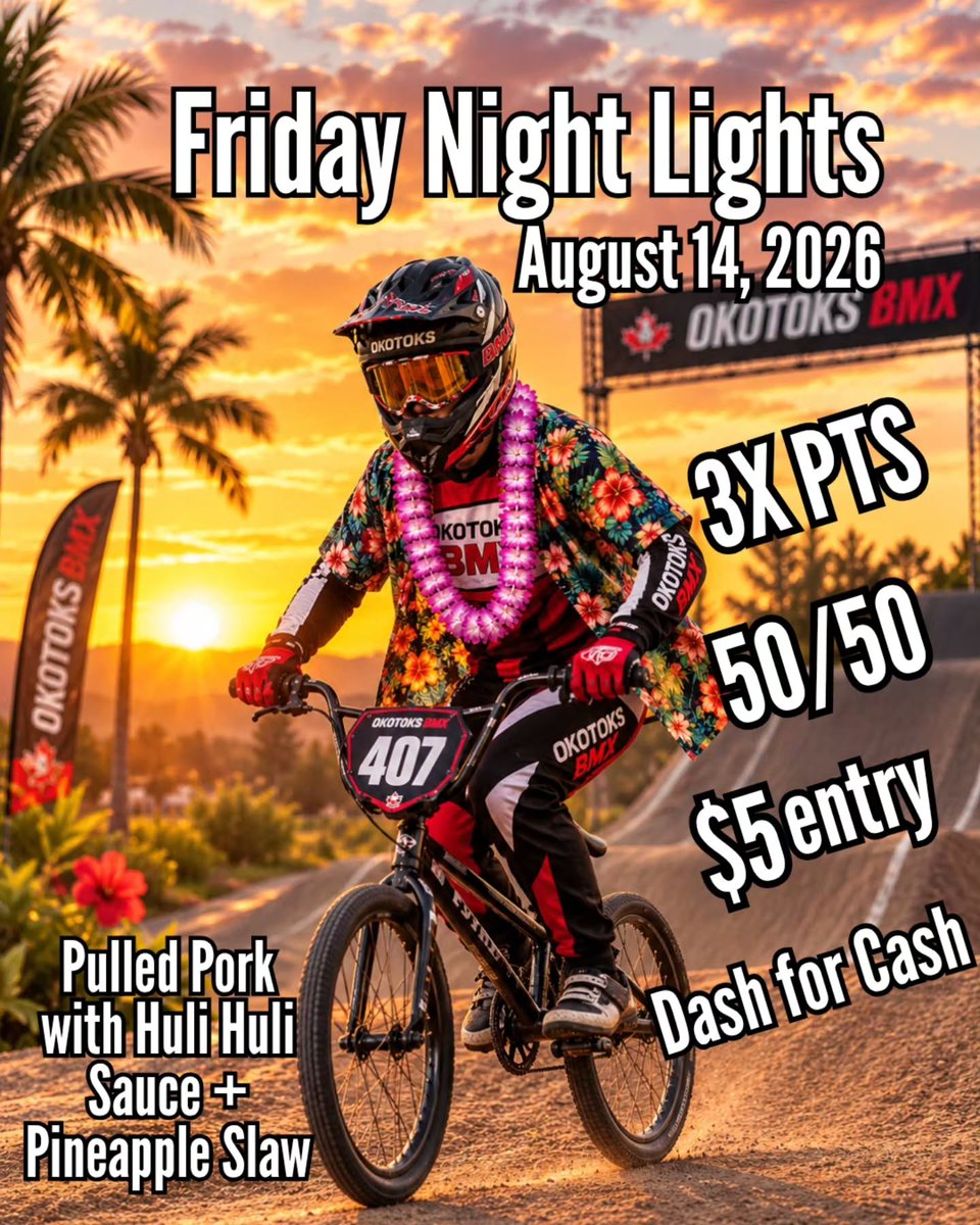 hallbrian2665's tweet photo. Friday Night Lights is tonight! Wear your best Hawaiian shirt and join us for a tropical BMX night under the lights. Open track 6–7 PM; check-in by 6:30 PM; Strider races at 7 PM; racing starts at 7:15 PM. $5 cash preferred, 3X points, 50/50 draw, https://t.co/urmR9cGtSm