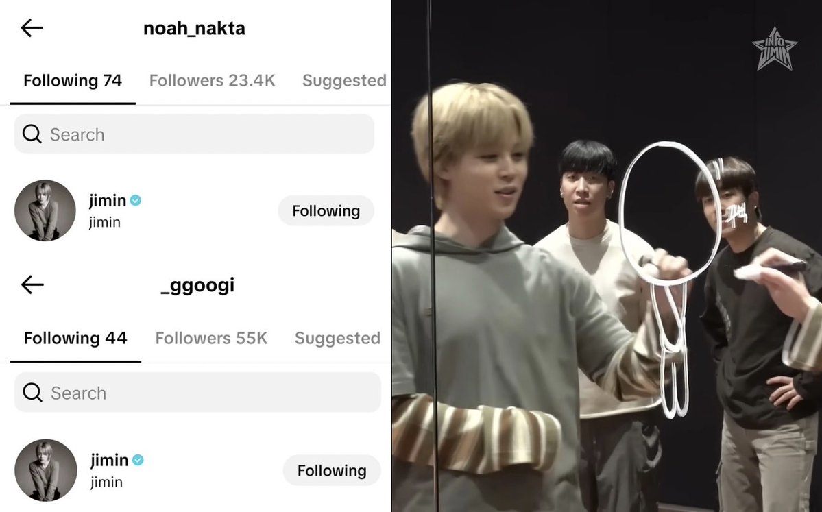 info_jimin's tweet photo. NA EXPECTATIVA! Os integrantes do Team Jimin e também coreógrafos da HYBE, Noah e Googi, já estão seguindo o #Jimin no TikTok. 👀

Não paro de pensar em todos os novos #thisisjimin que essa equipe vai preparar. https://t.co/c1Ovb7Sd3b