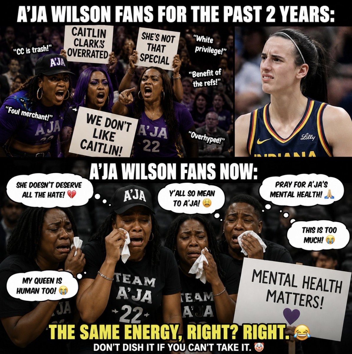letstalkksports's tweet photo. A’ja Wilson fans screaming “PRAY FOR A’JA’S MENTAL HEALTH” might be the funniest shit I’ve seen all year😂😂😂

Where was all this compassion while Caitlin Clark was getting dragged, mocked and disrespected at every turn since entering the WNBA❓❓

NOW y’all discovered mental health❓❗️❗️

HELL NO. KEEP THAT SAME FUCKING ENERGY.

You don’t get to throw rocks at Caitlin for years and then start crying for sympathy the second your favorite player starts catching heat.

This isn’t “mental-health awareness.” It’s selective outrage because the criticism finally landed on somebody YOU like.

Y’all told Caitlin to deal with it.

Now tell A’ja the same damn thing🎯🎯🎯