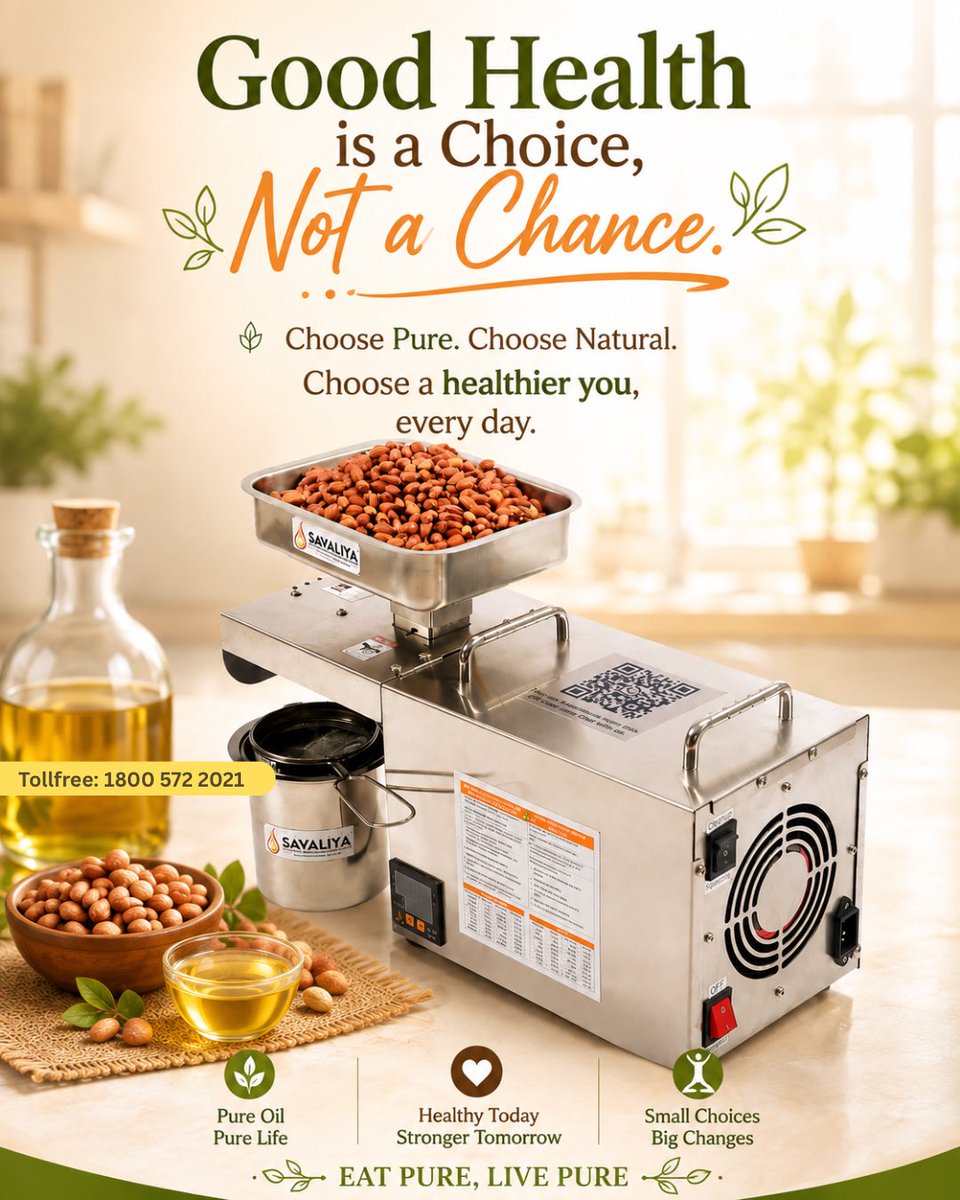 savaliyaoilmak1's tweet photo. Good Health is a Choice, Not a Chance!
Make every meal healthier with the goodness of fresh, pure and natural oil
#Savaliya #GoodHealth #PureOil #HealthyLifestyle #EatPureLivePure #NaturalOil #FreshOil #PeanutOil #HealthyChoices #OilPressMachine #HealthIsWealth #PureAndNatural https://t.co/yN8eohS9sC