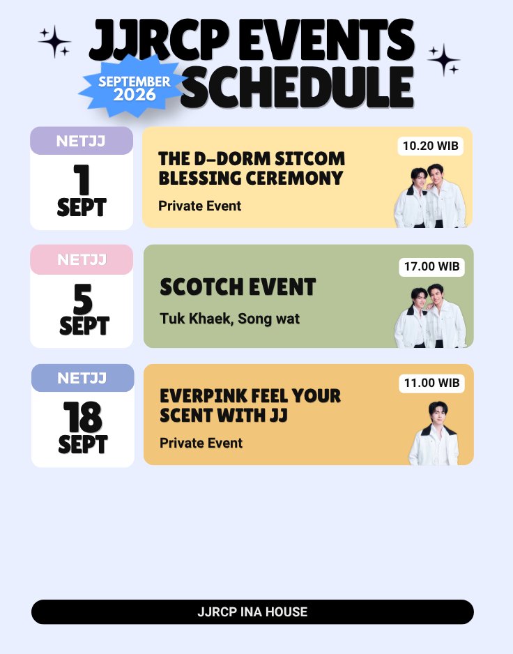 jjrcpinahouse's tweet photo. 🗓 𝐉𝐉𝐑𝐂𝐏 𝐒𝐂𝐇𝐄𝐃𝐔𝐋𝐄 - SEPTEMBER 2026

Di-update per 1 September 2026

Jika ada perubahan atau pembaruan akan kami infokan lagi ya!✨️

#jj_rcp #JJrcpSchedule https://t.co/F5mbj2s2WC