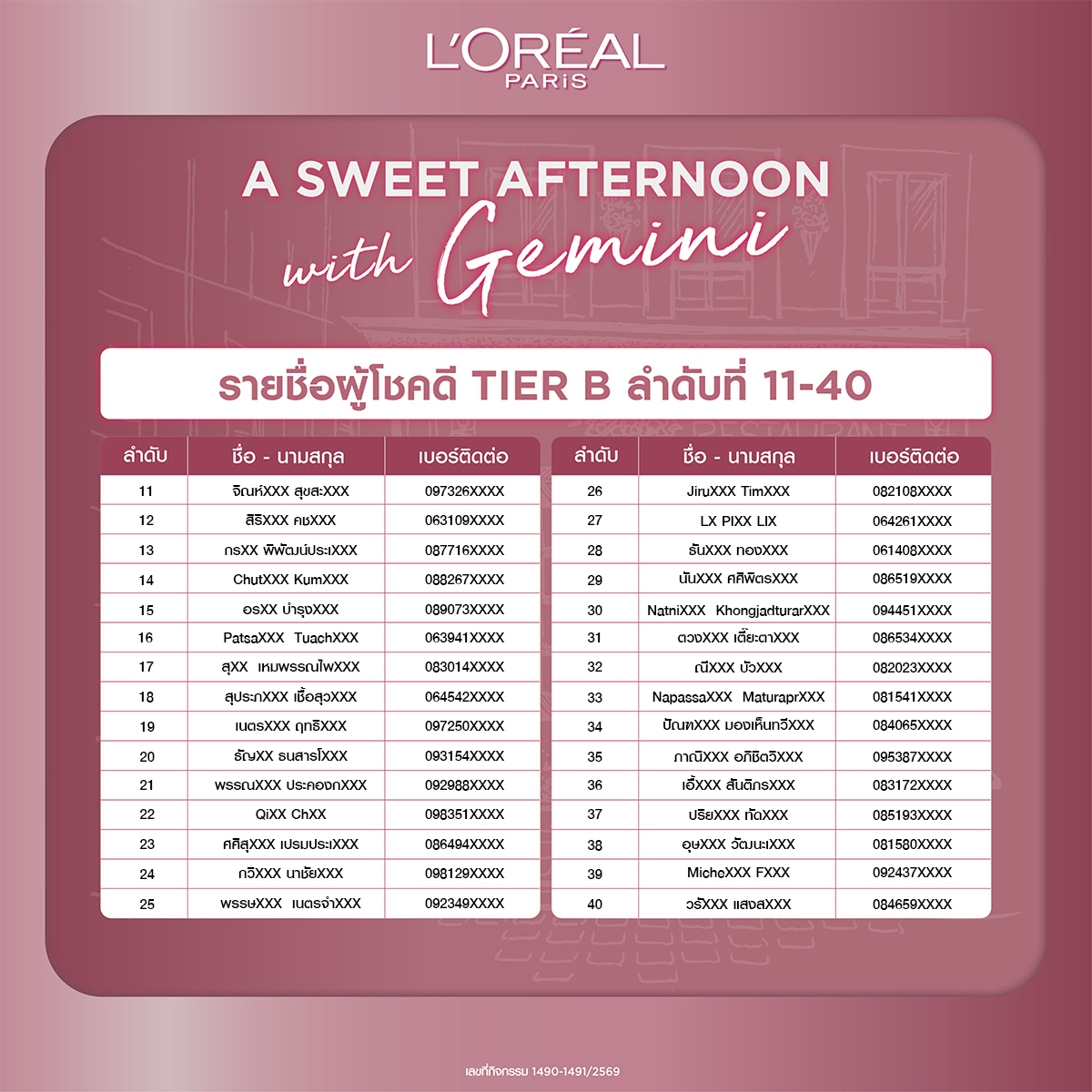 LOrealParisTH's tweet photo. 🎊 ขอแสดงความยินดี! กับผู้โชคดี 50 ท่าน
ที่ได้เข้าร่วมกิจกรรมสุดเอ็กซ์คลูซีฟ 𝘼 𝙎𝙒𝙀𝙀𝙏 𝘼𝙁𝙏𝙀𝙍𝙉𝙊𝙊𝙉 𝙒𝙄𝙏𝙃 𝙂𝙀𝙈𝙄𝙉𝙄 พร้อมเจอกับ ‘เจมีไนน์’ ในวันที่ 19 ก.ย. 69 นี้

🔎 ตรวจสอบรายชื่อผู้โชคดีด้านล่าง

📍 ยืนยันสิทธิ์ภายในวันที่ 3 ก.ย. 69 เวลา 18.00 น. (เวลาประเทศไทย) โดยบริษัทฯ จะติดต่อกลับไปยังผู้โชคดีที่ได้รับรางวัล ผ่านทางอีเมลที่ได้ลงทะเบียนไว้

ℹ️ อ่านรายละเอียดและเงื่อนไขเพิ่มเติมได้ที่: https://t.co/ZxEtKMjyG9

*เงื่อนไขเป็นไปตามที่บริษัทฯ กำหนด

#LOrealParisTH #LOrealMakeupTH #Makeup #ลิปทินต์ไฮยา #LOrealHyaluronTint #LOrealParisXGemini