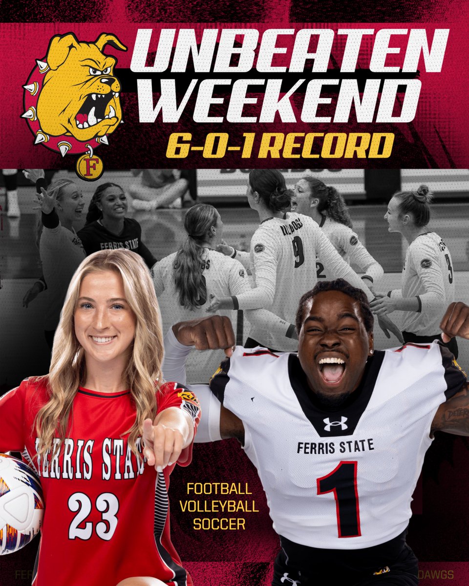 ferrisathletics's tweet photo. UNBEATEN! What a way to start the 2026 fall season for the Bulldogs! #1 Football wins on the road 42-14, #10 Volleyball goes 4-0 at home &amp; Soccer earns a victory &amp; a tie in Minnesota! Final record: 6-0-1 on opening weekend! Go Bulldogs! https://t.co/m4SDWOxtpi