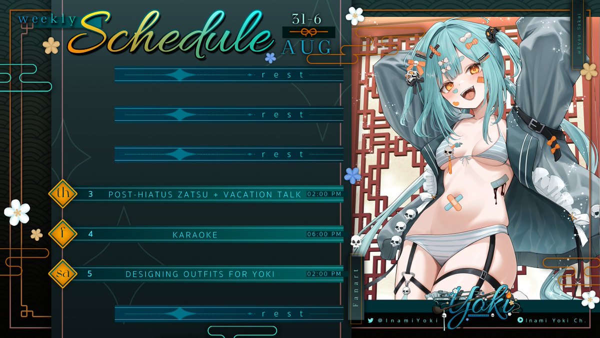 InamiYoki's tweet photo. 【🏮 SCHEDULE 🏮】
📅» All times in EST
---
✒️» #InamiYoki
Join the discord~:
🔗: https://t.co/rap9yyH9nA
#YokiLIVE https://t.co/XzujhXrTPr