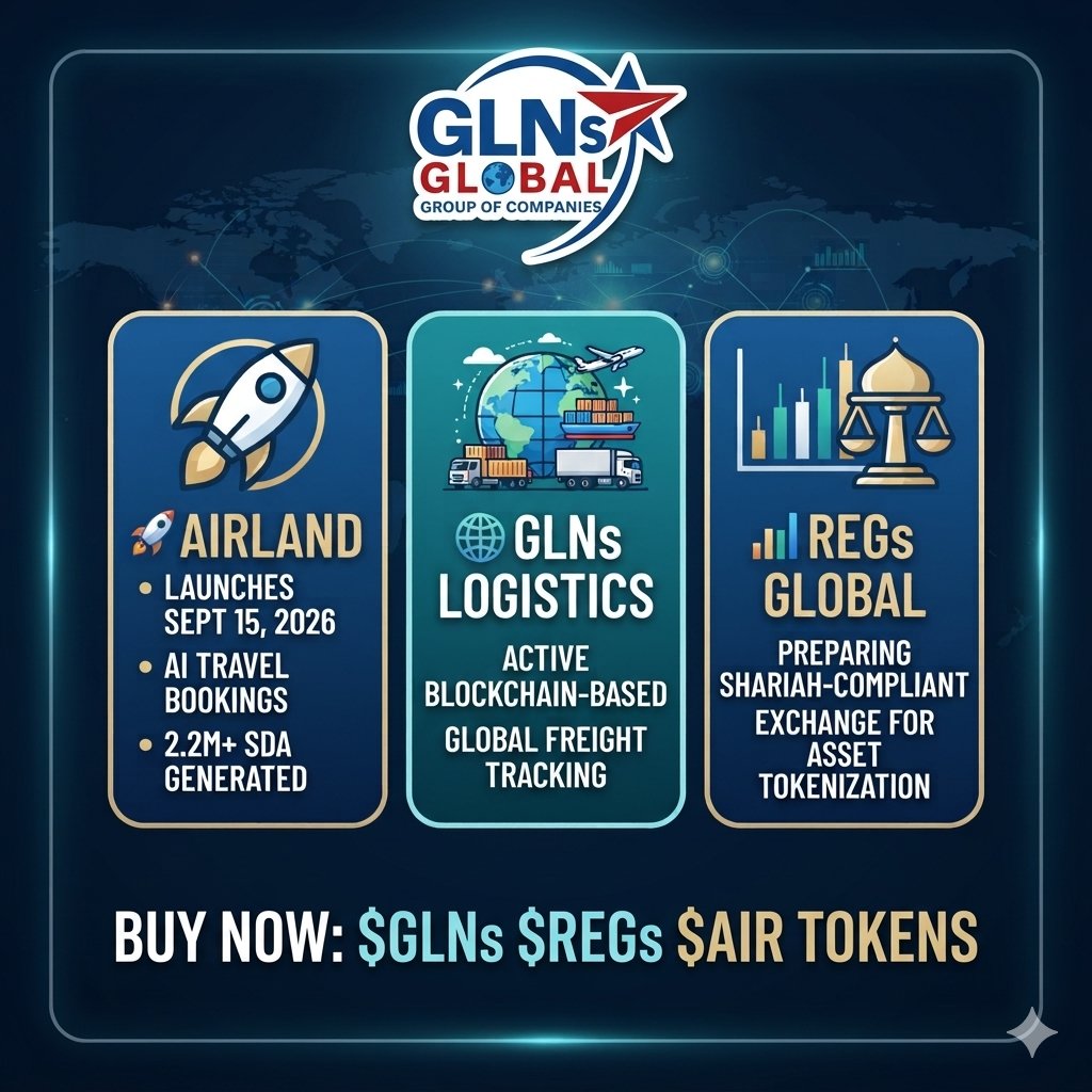 JobayerPatwary4's tweet photo. GLNs Global Updates๐
* ๐ AirLand: Launches Sept 15, 2026, for AI travel; 2.2M+ SDA tokens generated.
* ๐ Logistics: Active blockchain-based global freight tracking.
* ๐ REGs: Preparing Shariah-compliant exchange for asset tokenization.
#Sidra #SDA #Web3โโ #GLNs #REGs https://t.co/PzQupAUEq9