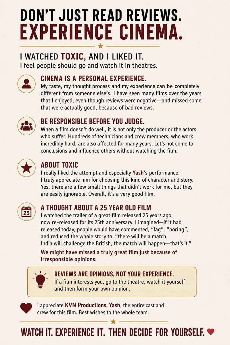 AJANEESHB's tweet photo. Cinema is a personal experience. 🎬
it’s better to simply watch and experience it for yourself. #Toxic @TheNameIsYash @KvnProductions https://t.co/ud7HpxDGRW
