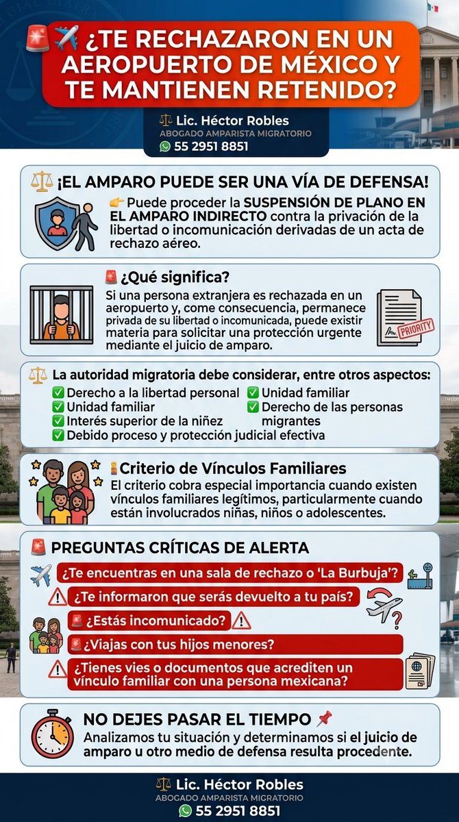 abogados_robles's tweet photo. 🚨✈️ ¿TE RECHAZARON EN UN AEROPUERTO DE MÉXICO Y TE MANTIENEN RETENIDO?
⚖️ Lic. Héctor Robles
ABOGADO AMPARISTA MIGRATORIO
📱 55 2951 8851
⚖️ ��EL AMPARO PUEDE SER UNA VÍA DE DEFENSA!
👉 Puede proceder la SUSPENSIÓN DE PLANO EN EL AMPARO INDIRECTO contra la privación https://t.co/qB1kBkk9Md