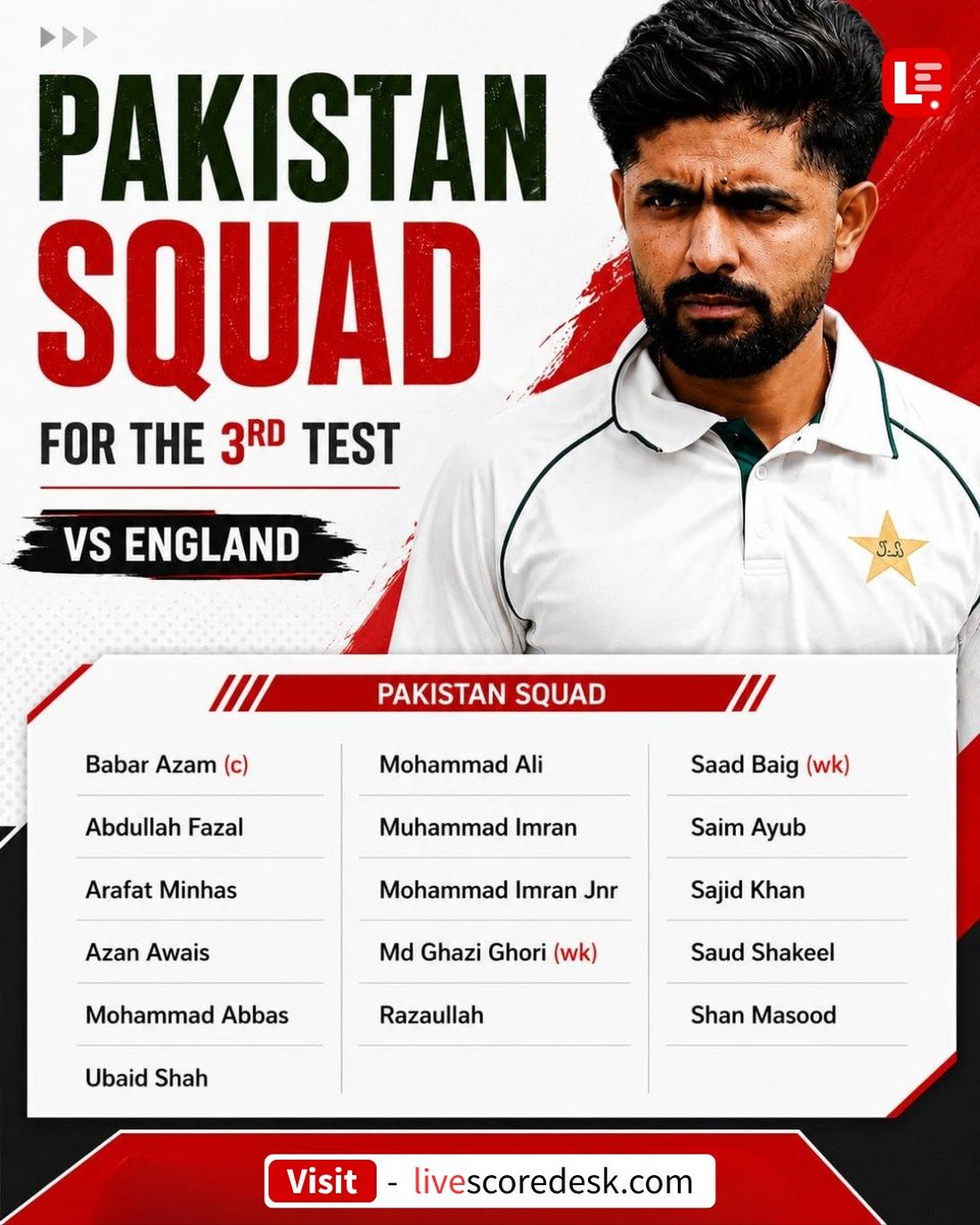 Livescoredesk's tweet photo. Pakistan add five uncapped players for third Test against England at Edgbaston
updates at https://t.co/2JIOca7tev 🌐
Pakistan squad Edgbaston · Arafat Minhas · England Pakistan series · uncapped players
#PakistanCricket #CricketNews #ENGvPAK #EdgbastonTest #LiveScoreDesk https://t.co/yMK9NFQg4S