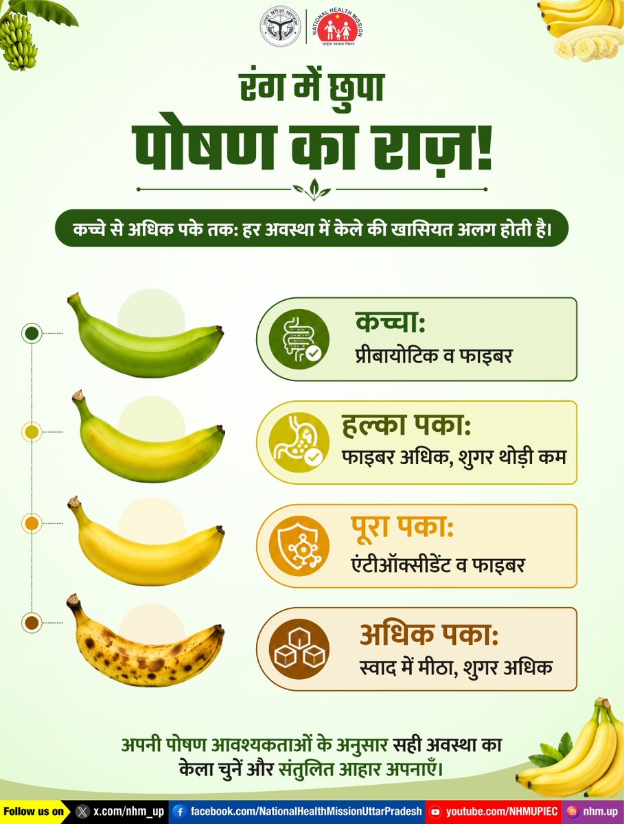 nhm_up's tweet photo. केला सिर्फ स्वाद नहीं, पोषण का भी खज़ाना है!

कच्चे केले से लेकर पूरी तरह पके केले तक, हर अवस्था की अपनी अलग पोषण विशेषता होती है। इसलिए अगली बार केला चुनते समय, सिर्फ स्वाद नहीं, बल्कि अपनी पोषण सम्बंधित ज़रूरतों का भी ध्यान रखें।

Banana Nutrition | Healthy Diet | Balanced Nutrition | Prebiotic Fiber | Antioxidants

#BananaNutrition #HealthyDiet #BalancedNutrition #NHMUP #NutritionAwareness