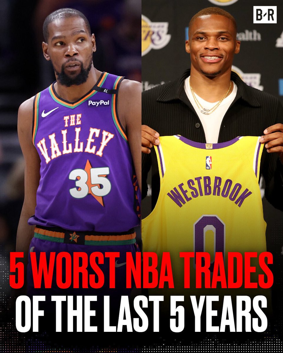 BleacherReport's tweet photo. Ranking the 5 worst NBA trades of the last 5 years 😬

- Lakers acquiring Russell Westbrook in 2021
- Kings trading Haliburton for Sabonis in 2022
- Suns landing Bradley Beal in 2023

Full list here: https://t.co/SVR0B3IKcr https://t.co/NMqLDtxwA5