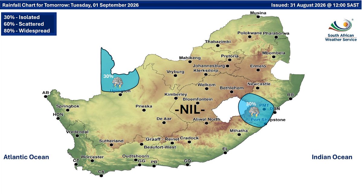 GovernmentZA's tweet photo. Weather forecast| Partly cloudy conditions are expected over the central &amp; eastern parts of the RSA, with isolated showers &amp; thundershowers possible. Otherwise, it will be fine &amp; warm to cool. #saws #weatheroutlook #GovZAUpdates https://t.co/4ZDB1O5gEE