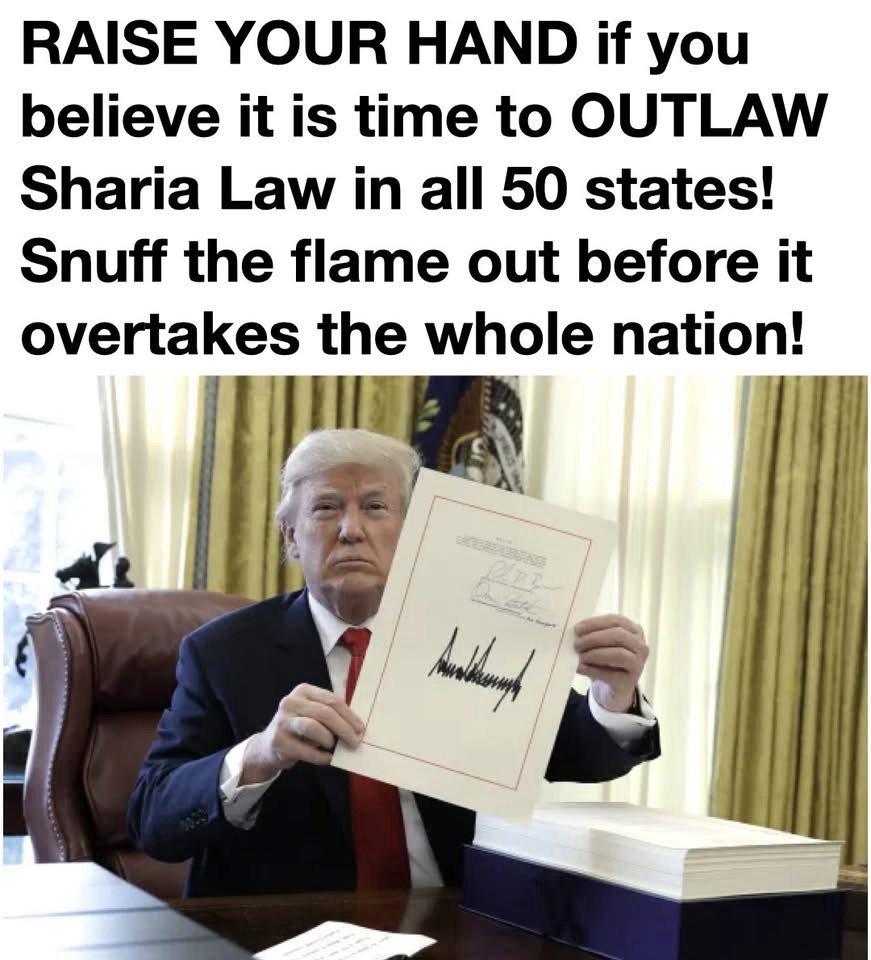 827js's tweet photo. Who thinks Sharia law should be
banned in all 50 states. https://t.co/m0gYzNJ3Vy