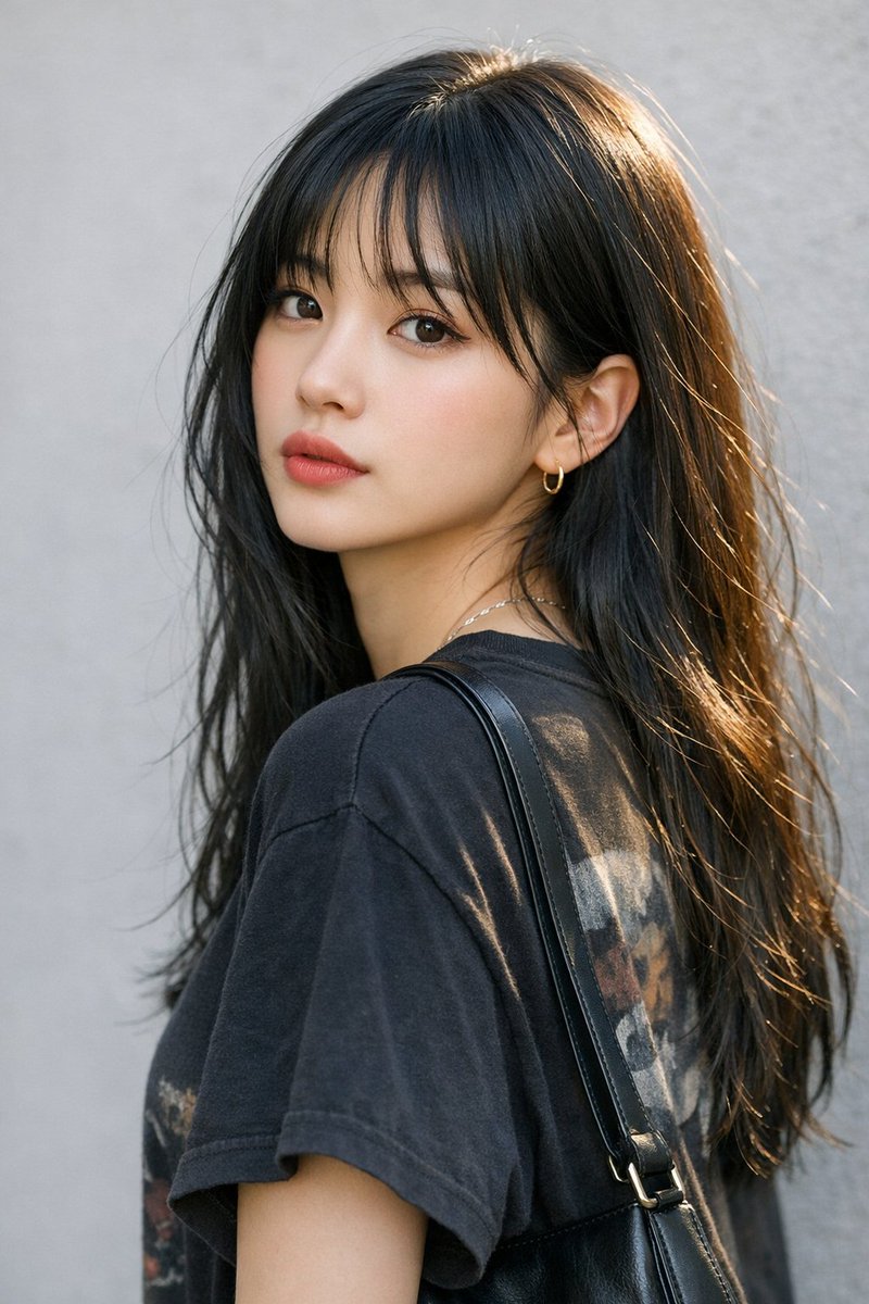 woleswoosh's tweet photo. [GPT Image 1.5 Prompt] ar 2:3 High

A photorealistic close-up portrait of a young East Asian woman in her early 20s with fair skin and soft, natural features. She has long, straight-to-slightly wavy jet-black hair with soft curtain bangs that frame her face, some strands loosely falling across her forehead and cheeks. Her hair is parted slightly off-center and cascades past her shoulders with natural volume and subtle flyaways catching the light.

She is turned in a three-quarter pose, looking back over her left shoulder directly at the camera with a calm, slightly pouty expression. Her large dark brown eyes have a soft, natural gaze, light makeup with defined yet natural brows, subtle eyeliner, and a soft matte reddish-pink lip color. A small gold hoop earring is visible in her left ear. She wears a thin delicate silver chain necklace with a tiny pendant resting against her collarbone.

She is dressed in an oversized black short-sleeve t-shirt with a faded graphic print (appearing as a muted illustration or graphic on the front). A black leather or faux-leather shoulder bag strap rests over her right shoulder. Soft natural daylight illuminates her from the upper right, creating gentle highlights on her hair, the tip of her nose, and cheekbones, with soft shadows on the opposite side of her face. The background is a plain, slightly textured light gray concrete or plaster wall with even, diffused lighting.

Highly detailed skin texture, natural hair strands, realistic fabric folds on the oversized tee, sharp focus on the face with smooth bokeh on the background, cinematic natural lighting, shot on a 85mm lens, shallow depth of field, photorealistic, ultra-detailed, 8k quality.

Alternative shorter version (for models that prefer more concise prompts):
Young East Asian woman with long black hair and soft bangs, looking over her shoulder at the camera with a soft pouty expression, wearing an oversized black graphic t-shirt, small gold hoop earring, delicate silver necklace, black shoulder bag strap, soft side sunlight highlighting her hair and face, plain light gray wall background, photorealistic portrait, natural lighting, detailed skin and hair texture, 85mm lens, shallow depth of field.

Key elements broken down for easy customization:
Subject & face: Young East Asian woman, soft features, large dark eyes, natural soft makeup, reddish-pink lips, slight pout.
Hair: Long jet-black hair with soft curtain bangs, slightly messy natural texture, side-swept strands.
Pose & expression: Three-quarter view looking back over shoulder, calm and slightly pouty.
Clothing & accessories: Oversized black graphic tee, thin silver necklace with small pendant, small gold hoop earring, black bag strap over shoulder.
Lighting: Soft natural side sunlight (right side), gentle highlights and soft shadows.
Background: Plain light gray textured wall.
Style: Photorealistic, natural, high detail, portrait photography look.