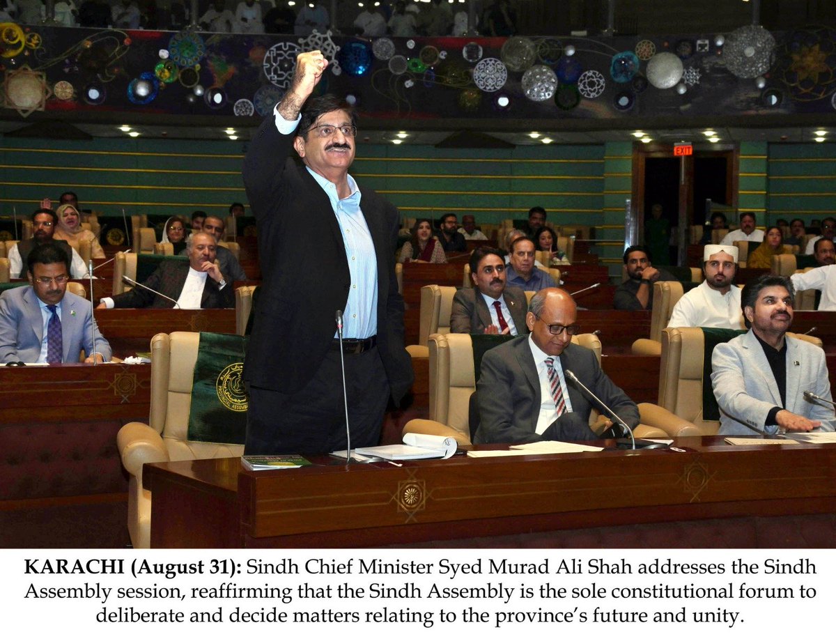 SindhCMHouse's tweet photo. KARACHI (August 31): Sindh Chief Minister Syed Murad Ali Shah addresses the Sindh Assembly session, reaffirming that the Sindh Assembly is the sole constitutional forum to deliberate and decide matters relating to the province’s future and unity. https://t.co/pAclp4ZeFs