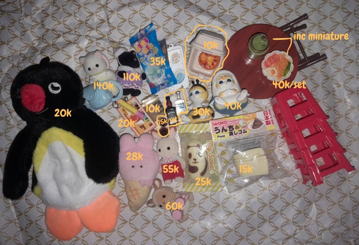 morierarty's tweet photo. wts – want to sell 

sylvanian, trinkets, plushie, figure semua mau ku jual karena sudah stop koleksi, rd ina jkt, pembayaran splitpay &amp; co lewat 🍊 

#.sylvanian, persian cat walk, mofusand, pingu, chocolate rabbit, kracie, miniature, trinkets, gachapon https://t.co/dn0pkqTBDr