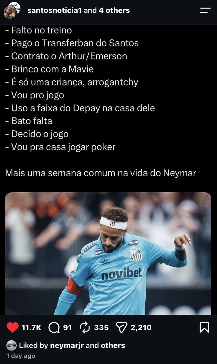 TeamNey10's tweet photo. 🚨🚨🚨😂 

الأسطورة نيمار يضع لايك على منشور عبر IG ينص : 

أتغيب عن التدريب.
أدفع غرامة/ديون الـTransferban الخاصة بسانتوس.
أتعاقد مع آرثر/إيمرسون.
ألعب مع مافي.
«إنه مجرد طفل، متكبر ومغرور» (arrogantchy).
أذهب إلى المباراة.
أستخدم وشاح ديباي في منزله.
أرتكب خطأ/أخفق.
أحسم المباراة.
أذهب إلى المنزل للعب البوكر.

أسبوع آخر عادي في حياة نيمار

😂😂😂😂😂😂😂😂😂😂