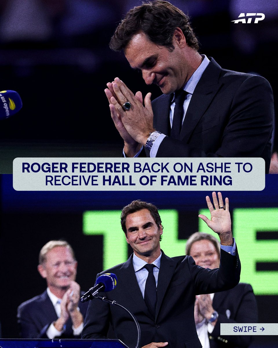 atptour's tweet photo. Roger Federer, @TennisHalloFame inductee has a nice ring to it 🤩

@usopen | #USOpen https://t.co/Nc51sdGnMM