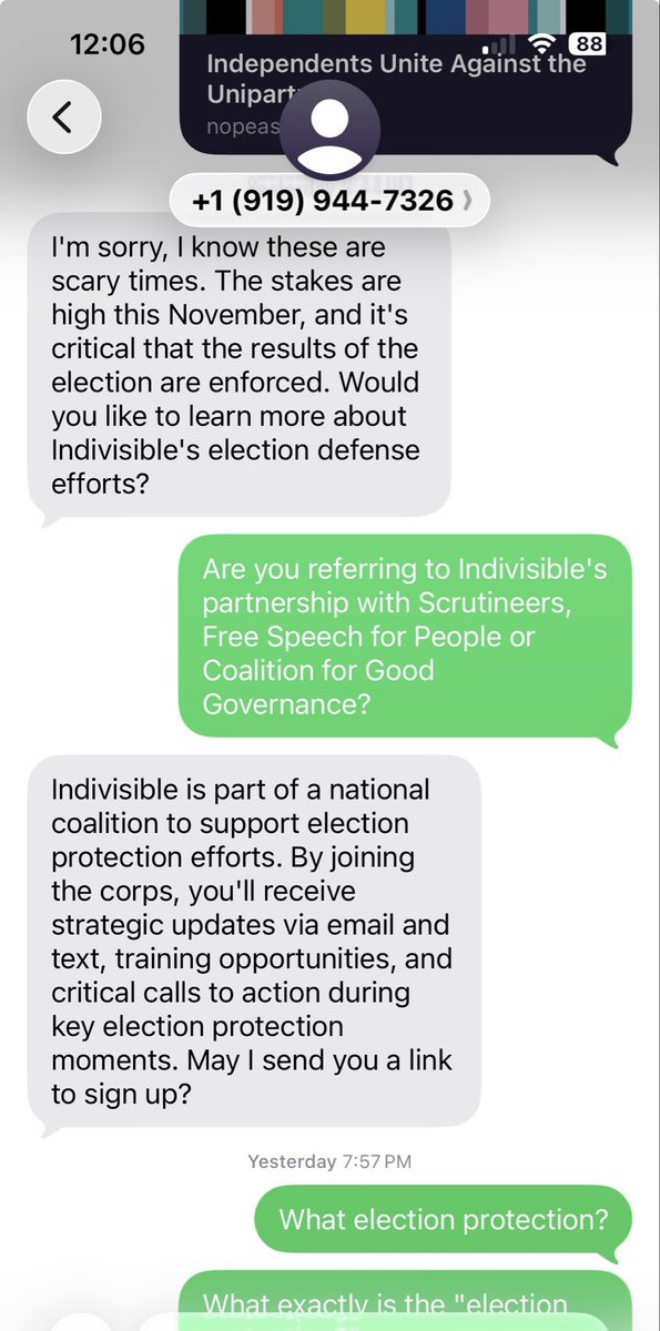 Kelleyswords's tweet photo. .@IndivisibleTeam texted me today 😁 It seems “#ElectionProtection” is the terminology du jour. Waiting to hear exactly what this representative tells me this entails. https://t.co/TcxqhHrEgX