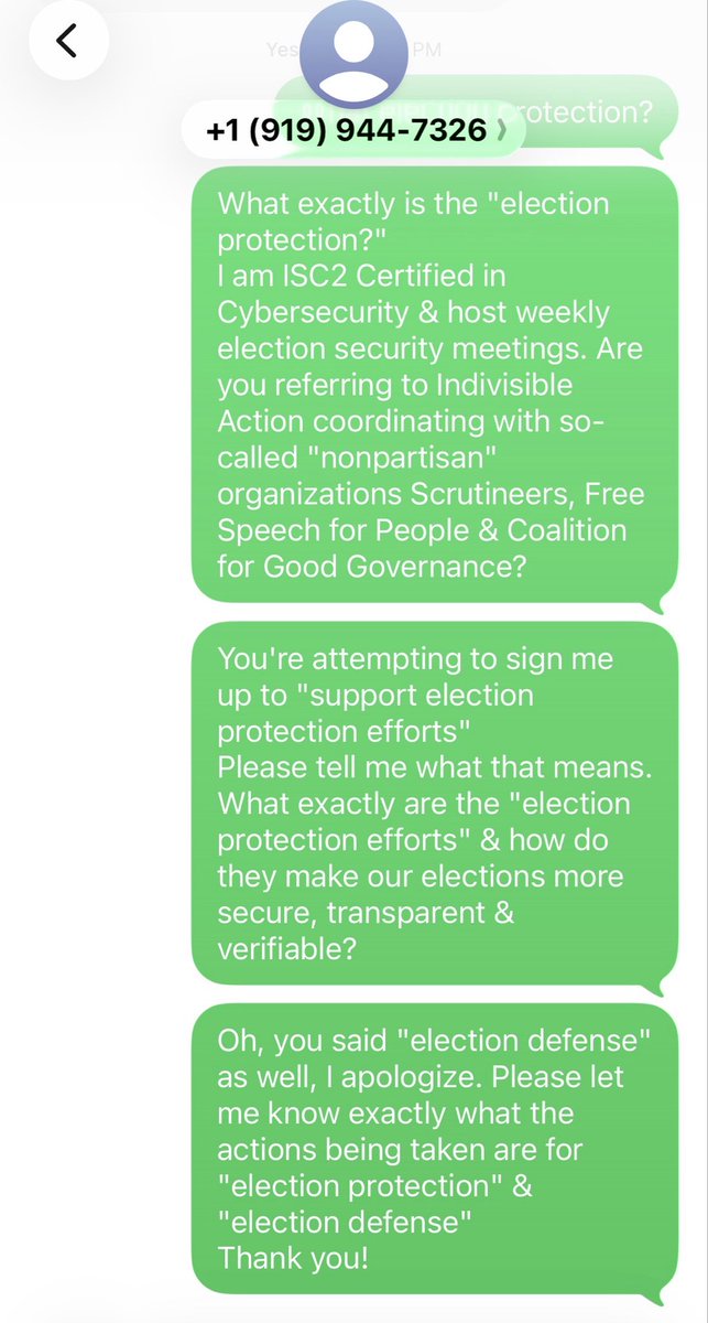 Kelleyswords's tweet photo. .@IndivisibleTeam texted me today 😁 It seems “#ElectionProtection” is the terminology du jour. Waiting to hear exactly what this representative tells me this entails. https://t.co/TcxqhHrEgX