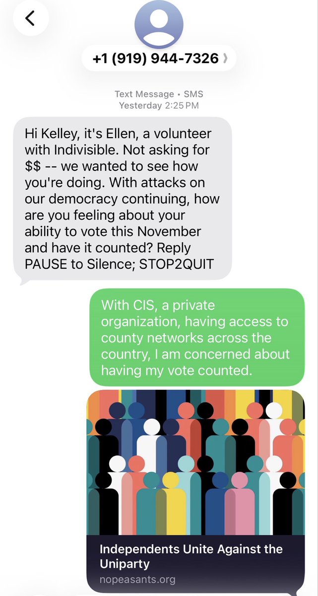 Kelleyswords's tweet photo. .@IndivisibleTeam texted me today 😁 It seems “#ElectionProtection” is the terminology du jour. Waiting to hear exactly what this representative tells me this entails. https://t.co/TcxqhHrEgX