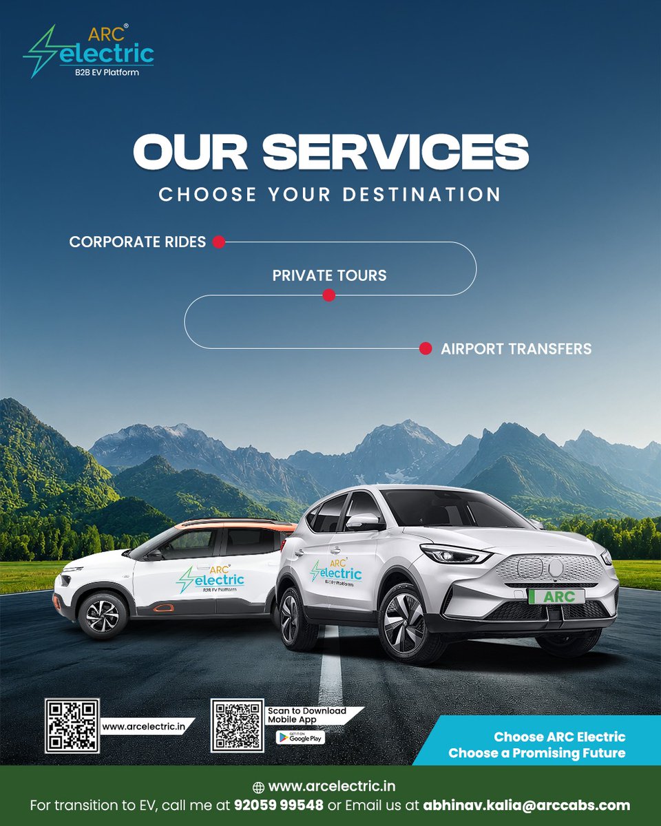 arc_cabs's tweet photo. One fleet. Multiple travel needs. From airport transfers to corporate travel and private tours, ARC EV Cabs is ready whenever you are.

📲: https://t.co/skxpo4Joie 
🌐: https://t.co/darmjDe8Se

@TCS @Dell @Google @IBM

#ARCElectric #AirportTransfer #CorporateTravel #HourlyRides https://t.co/3XQG5lK6gW