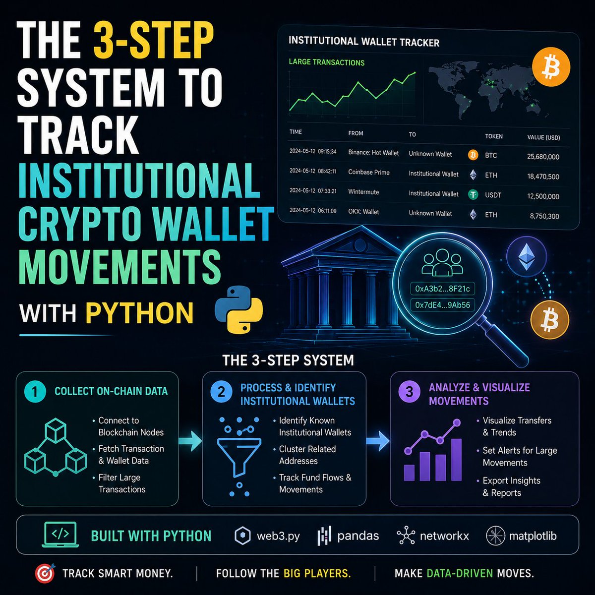 buonodore46's tweet photo. The 3-Step System to Track Institutional Crypto Wallet Movements with Python

Most retail crypto traders wait hours for market news or crypto influencers to tweet about a token pump, treating price discovery like a spectator sport where they always enter after the smart money has already cashed out. 

They treat blockchain explorers like manual search engines, failing to realize that waiting for public hype means you are always the exit liquidity for institutional whales and venture funds quietly accumulating tokens.

Chasing token charts blindly while ignoring on-chain fund flows is an expensive way to gamble your capital against invisible market insiders.

If you want to spot major accumulation phases before the public price surge hits, you need to understand the 3-step system to track institutional crypto wallet movements with Python. 

Implement a programmatic tracking pipeline that surfaces whale accumulation before the broader market reacts: Connect via Public RPC Nodes or WebSocket's: Use lightweight Python scripts and async libraries to hook directly into public blockchain RPC providers or WebSocket endpoints, bypassing heavy node infrastructure.  

Query Token Transfer and Mempool Logs: Programmatically filter event logs and transaction streams to target specific smart contract transfers (like USDT/USDC movements or native assets) across known institutional or whale addresses.  

Trigger Automated Telegram or Webhook Alerts: Set custom threshold triggers that instantly fire notifications to your private messaging channels the moment a tracked wallet executes a massive accumulation block.

When your wallet intelligence runs on direct blockchain queries, you eliminate lag and trade alongside the biggest players in the space.

Stop trading blind to smart money movements. Automate your whale tracking stack. 

Do you currently track institutional wallet flows with custom scripts, or do you rely on delayed social media alerts to spot whale accumulation?