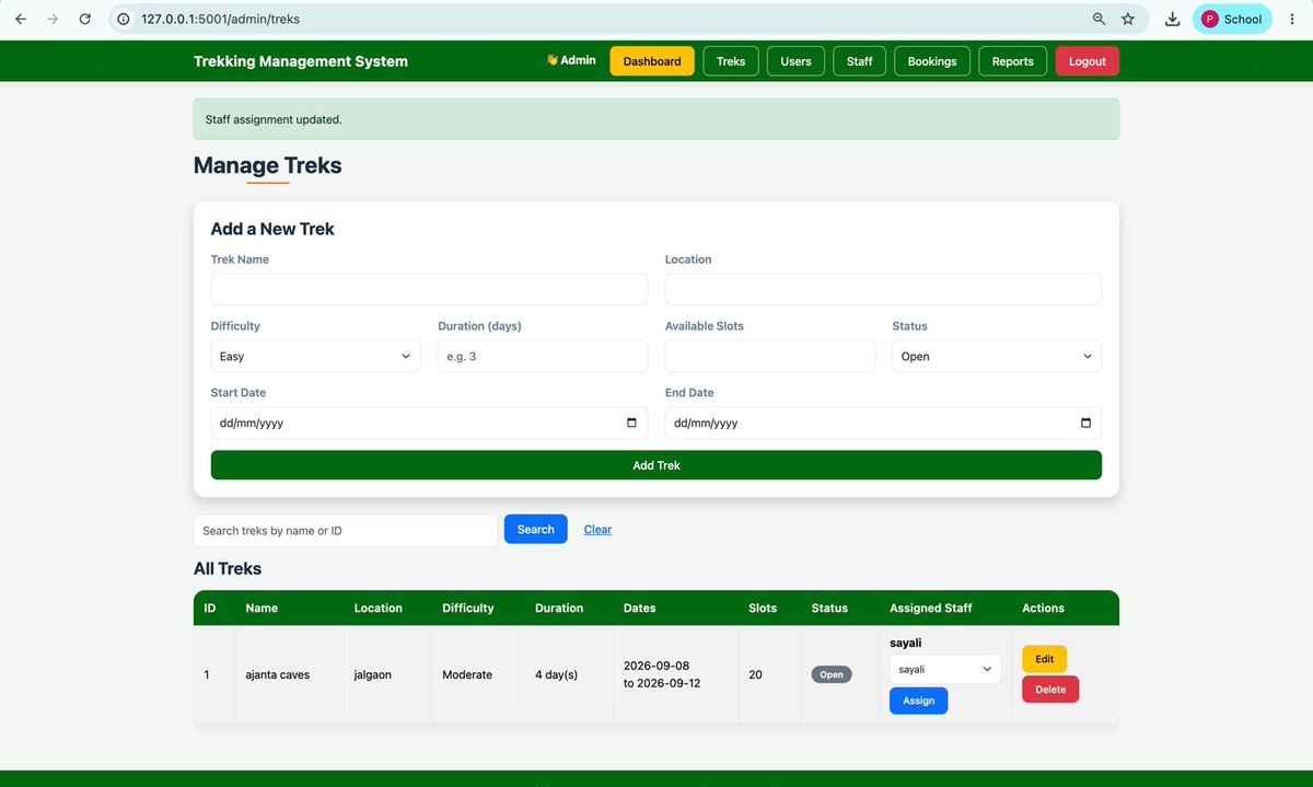 0xStarfury's tweet photo. Built something I’m really happy with 🏔️🚀
Trekking Management Application — my MAD 1 project.
I worked with Python + Flask + SQLite + SQLAlchemy + Jinja2 + Bootstrap to build a role-based system for Admins, Trek Staff and Trekkers.
For more details feel free to  DM me. https://t.co/3WpikWtosC