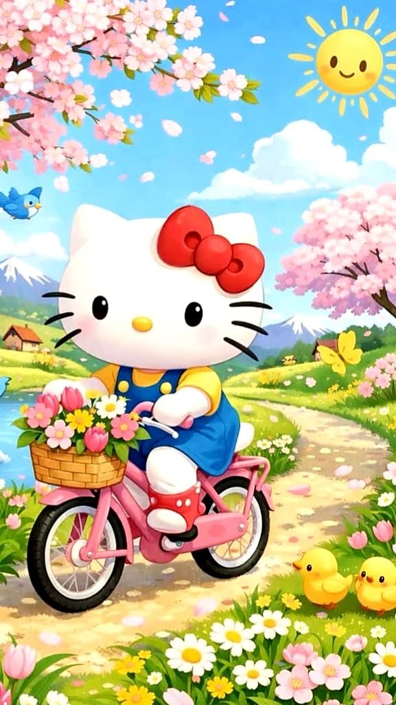 KittyJoy_x's tweet photo. 日本の桜が、世界中で愛されるサンリオと出会う！ 🌸🚴‍♀️💖 ハローキティの明るい春の冒険、花と喜びに満ちて！#HelloKitty #ハローキティ #カワイイ
#春のお散歩 https://t.co/osEoeD0j99