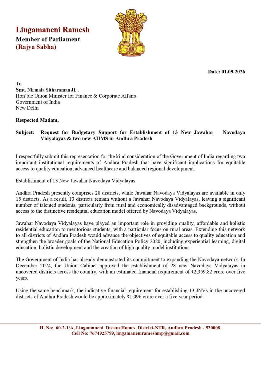 MPLingamaneni's tweet photo. Request for Budgetary Support for Establishment of 13 New Jawahar Navodaya Vidyalayas &amp; two new AIIMS in Andhra Pradesh
@nsitharaman 
@nsitharamanoffc 
@FinMinIndia 
@JoshiPralhad @EduMinOfIndia @JPNadda @MoHFW_INDIA @ncbn @PawanKalyan @satyakumar_y @naralokesh @ANI @PTIofficial https://t.co/UspBHv4PmL