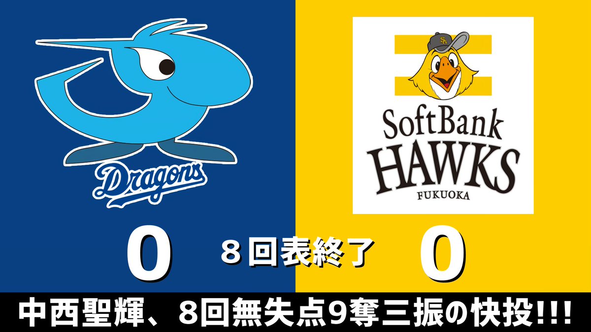 gnomotoke's tweet photo. ファーム公式戦 中日vs.ソフトバンク 2026.09.01
8回表終了 中西聖輝、8回無失点9奪三振の快投！！！

中日ドラゴンズ、0-0の同点です #dragons #中日ドラゴンズ

【全打席結果はこちらから】
⇒ https://t.co/zS1RfhvxQ0 https://t.co/YLVzUco0ng