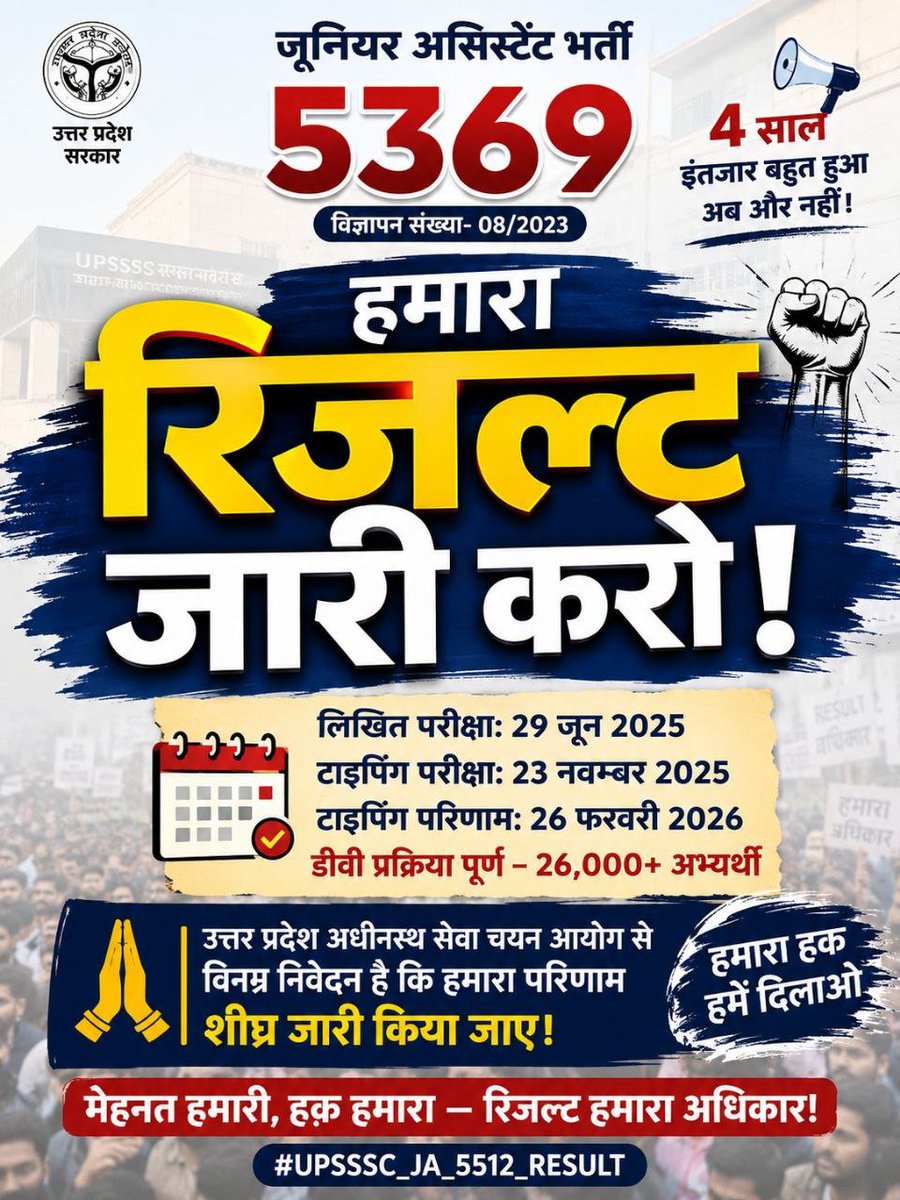 GAJSMN's tweet photo. सभी सम्मानित बंधुओं से आग्रह है कि हमारी आवाज़ बनें जूनियर असिस्टेंट 5512 का रिजल्ट जल्द जारी करे।
@ChiefSecyUP
@UPTakOfficial
@TheLallantop
@DainikBhaskar
@the_hindu
@sn_sabat @iSamarthS @RajatpandeyJF @IasHarikesh @irohitmishrabjp @brajeshpathakup
#UPSSSC_JA_5512_RESULT https://t.co/ASGm7ewmkK