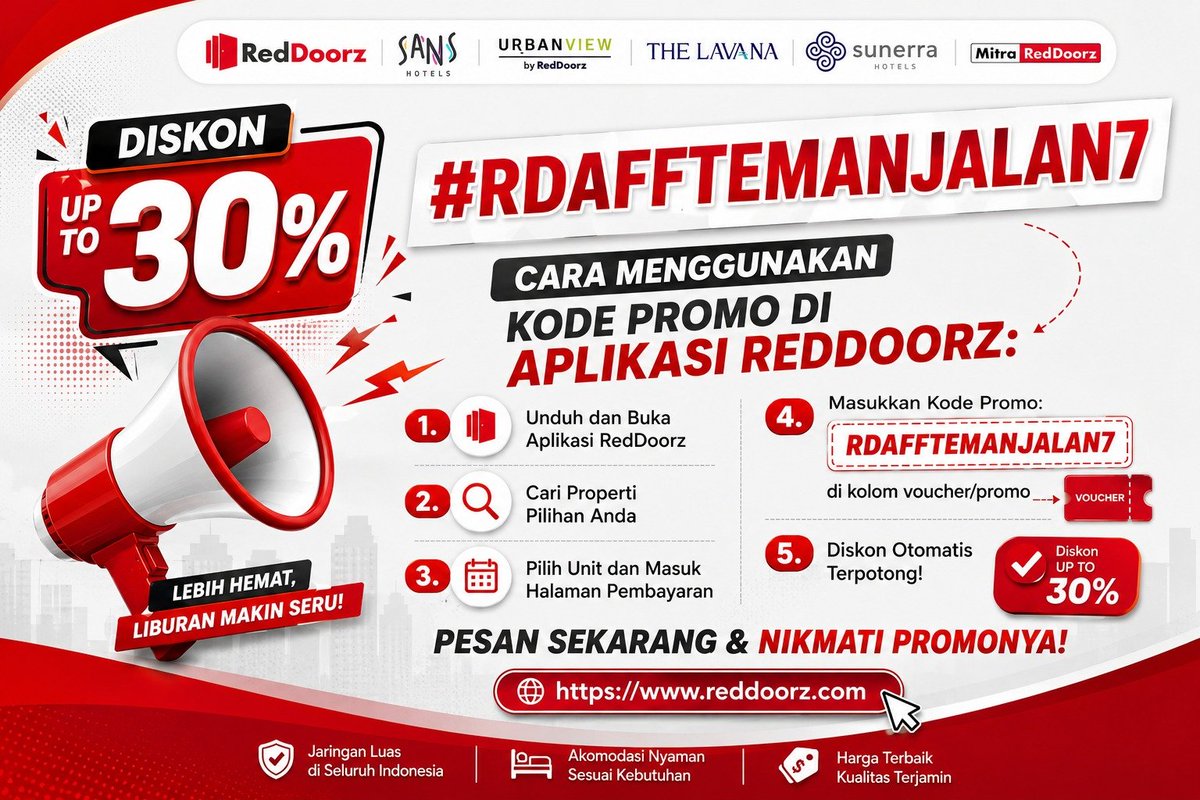redseller_wahyu's tweet photo. Mau booking hotel lebih hemat?
Gunakan kode promo RDAFFTEMANJALAN7 dan dapatkan DISKON UP TO 30%
Booking hotel favoritmu sekarang lewat Red Doorz!
https://t.co/6btAKavLqm
Jangan sampai kelewatan, yuk pakai kodenya!
#penginapan #hotel #reddoorz #temanmain #staycation https://t.co/rSgTRC6rq2