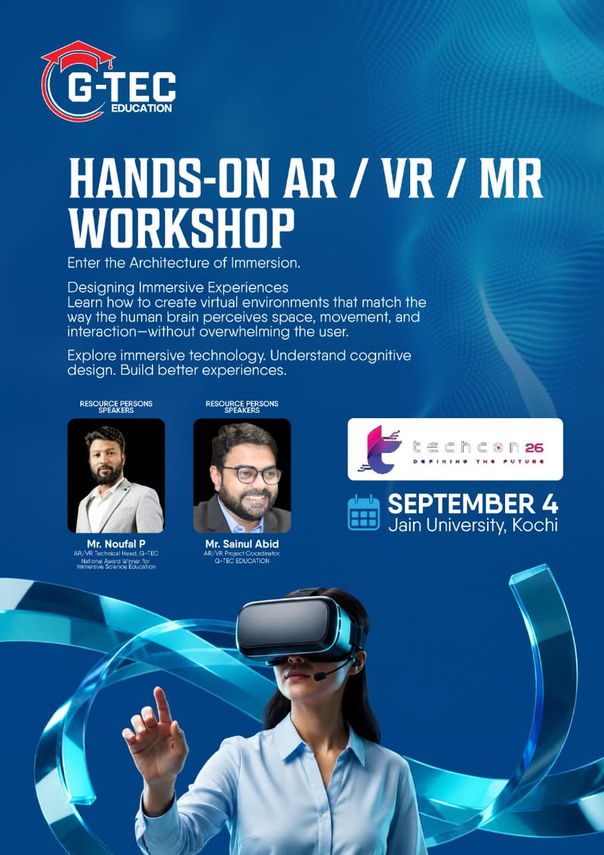 Revgamesindia's tweet photo. π₯½β¨ REVOLUTION GAMES PRESENTS β TECHCON β26
Step into immersive technology with our AR/VR/MR Hands-On Workshop!
ποΈ Noufal P β’ Sainul Abid | G-TEC
π
4 Sept | π Jain University, Kochi
π https://t.co/sDK8kkE1kk
#TECHCON26 #ARVRMR #ImmersiveTech #Kochi https://t.co/jnOMyoC238