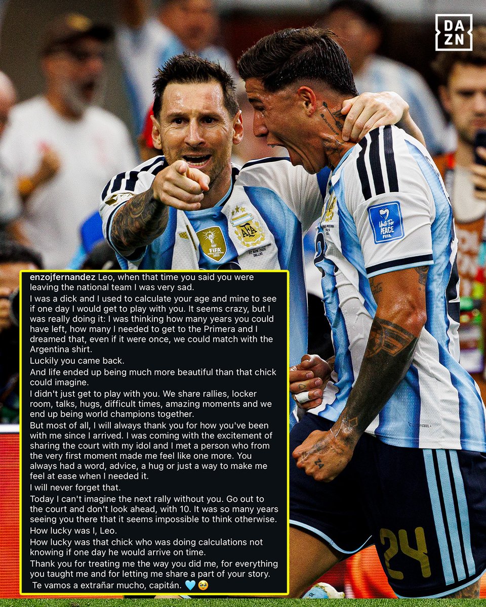 DAZNFootball's tweet photo. A sweet farewell message from Enzo Fernandez to Leo Messi 🥹💙

#internationalfootball https://t.co/5NmFX4L54S