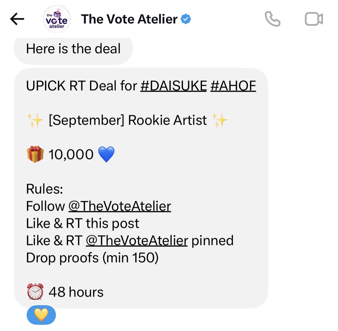 daisukevst's tweet photo. 📢 UPICK RT Deal for #DAISUKE #AHOF

✨ [September] Rookie Artist ✨

🎁 10,000 💙

Rules:
Follow @TheVoteAtelier 
Like & RT this post
Like & RT @TheVoteAtelier pinned
Drop proofs (min 150) 

⏰ 48 hours

#DAISUKE #다이스케 #AHOF #아홉