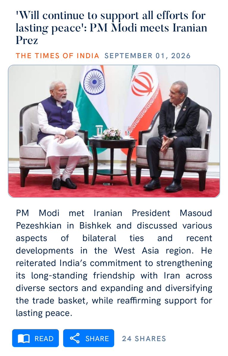 manojsirsa1's tweet photo. 'Will continue to support all efforts for lasting peace': PM Modi meets Iranian Prez
https://t.co/IOW76G5HoC

via NaMo App @manojsirsa https://t.co/zGvJJQQ11M