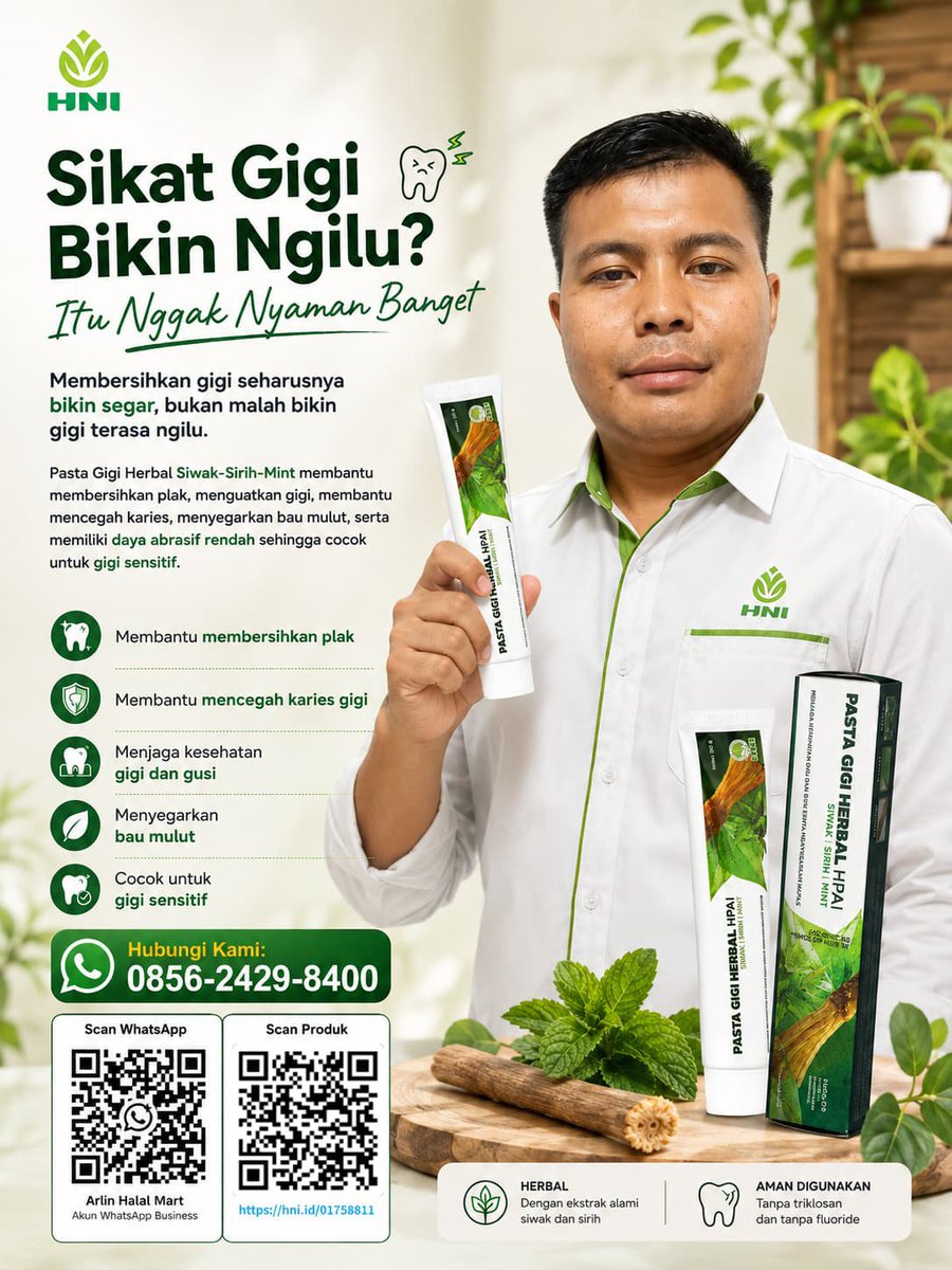 Arlinhalalmart's tweet photo. Sikat gigi harusnya bikin mulut terasa lebih fresh, bukan bikin kamu was-was karena ngilu! 😌
Kalau gigi sensitif sering bikin nggak nyaman, pilih pasta gigi yang membersihkan dengan tetap lembut di gigi dan gusi.
PGH Siwak–Sirih–Mint cocok untuk gigi sensitif. 🌿 https://t.co/6WwYARd952