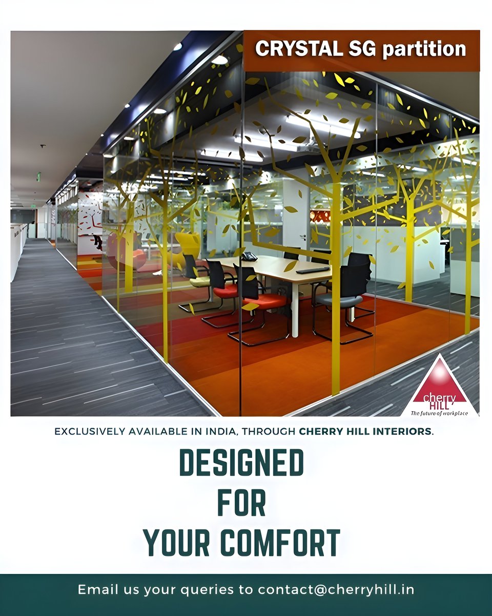 CherryHillDelhi's tweet photo. Exclusively available in India through Cherry Hill Interiors, the CRYSTAL SG partition combines glass and minimal support for a seamless, transparent look. Fully demountable and relocatable—designed for modern workspaces.
#CherryHillInteriors #NextGenOffices #ModernInteriors https://t.co/Uzn6pmagxt