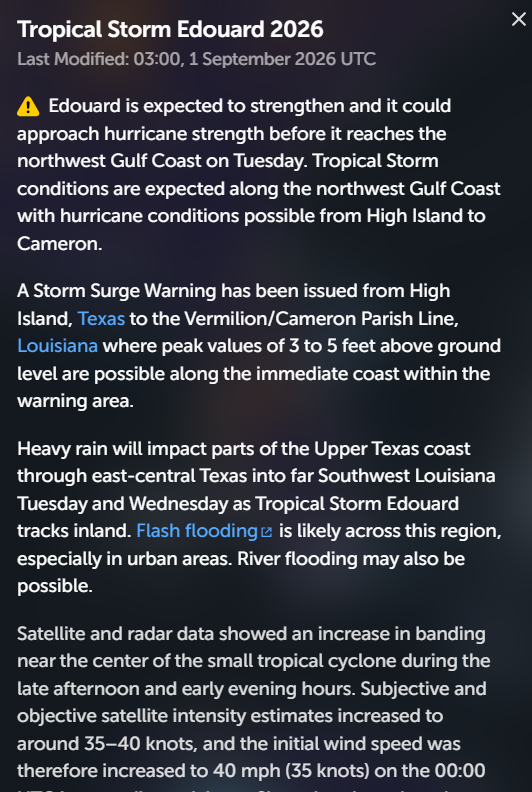 chattlocals's tweet photo. ⚠️Tropical Storm Edouard is expected to Approach Hurricane Strength. Currently in the Gulf. #texas #louisiana #Flashflooding #people #moms #dads #weather #storms #alabama #florida #mississippi #edouard #tropicalstorm #hurricane https://t.co/uRiZ2NYISu