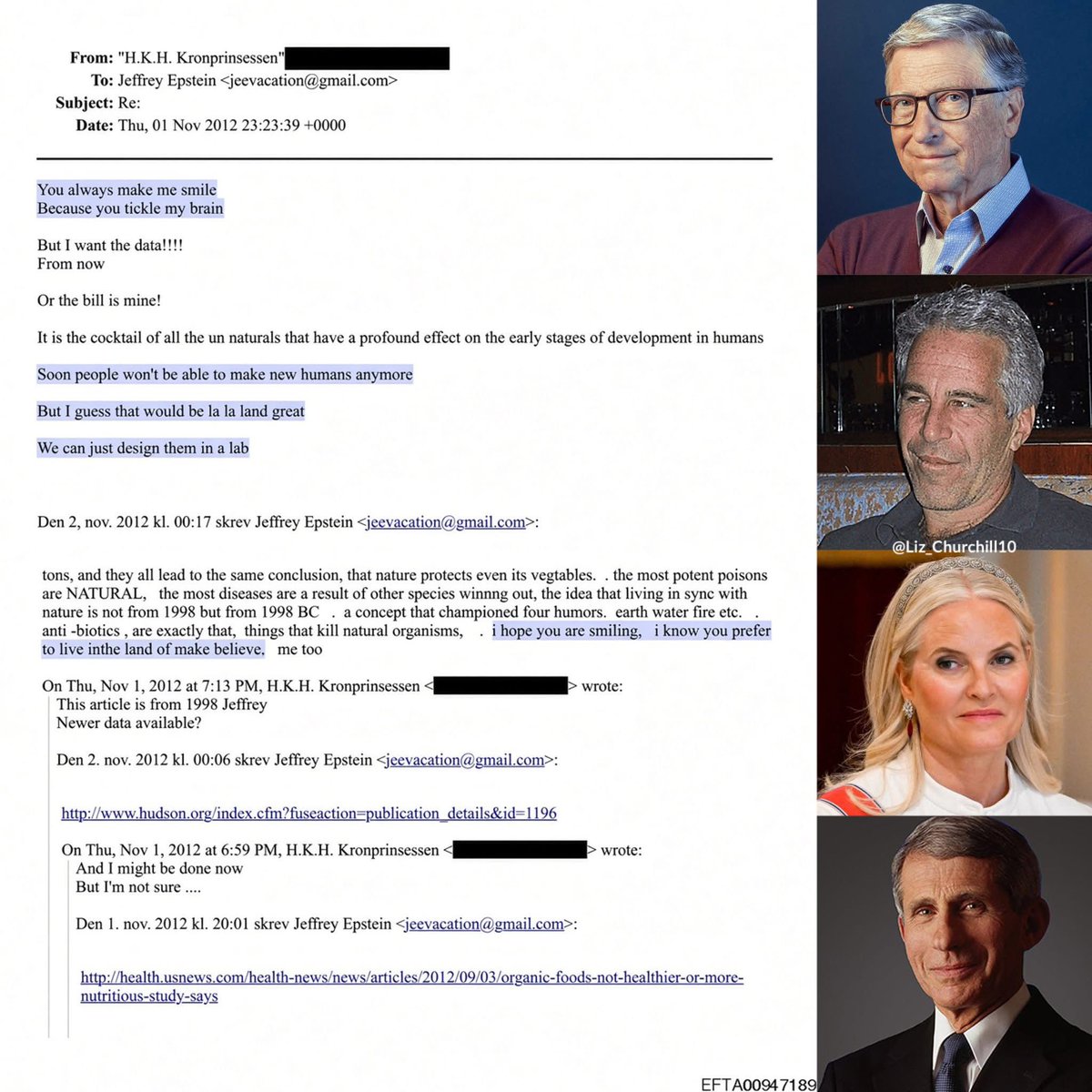 SmolfSmolf7's tweet photo. An absolutely insane chain of events… A Norwegian royal joked with Epstein about humans losing the ability to reproduce. 
Epstein emailed Bill Gates to plan 'pandemic rehearsals.' A pandemic 'occurred,' and Fauci demanded the entire world take Bill Gates's vaccine. 
Fauci ignored internal data regarding mass miscarriages among women after receiving the 'Covid vaccine' and deleted his emails.