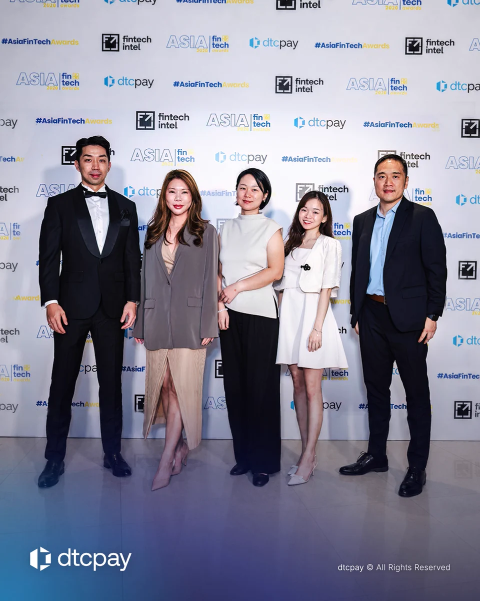 dtcpay team members, including Head of Business Development & Partnerships Anydo Sze Toh, posing at the Asia FinTech Awards event.