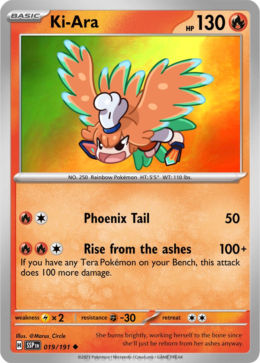Marus_Circle's tweet photo. Custom Pokémon card featuring Kiara made using art from my Holomon Series! What do you guys think of it? 😁
Disclaimer: I am not making TCG proxies or custom cards for sale, this is just for fun. 😊
#kfpicasso #絵ニックス #artsofashes #kfpmemes https://t.co/4WjTBCKurf