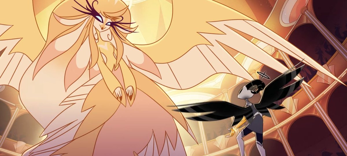 ThanjustaMore's tweet photo. I just wish the Speaker of God had actually tried to understand Lute instead of basically dismissing her. She’s obviously grieving Adam and spiraling badly, and nobody seems interested in actually helping her. I really hope the Speaker gets another chance with her next season. Lute desperately needs someone to actually LISTEN to her. 
#hazbinhotel #hazbinlute #hazbinspeakerofgod #hazbinhotellute