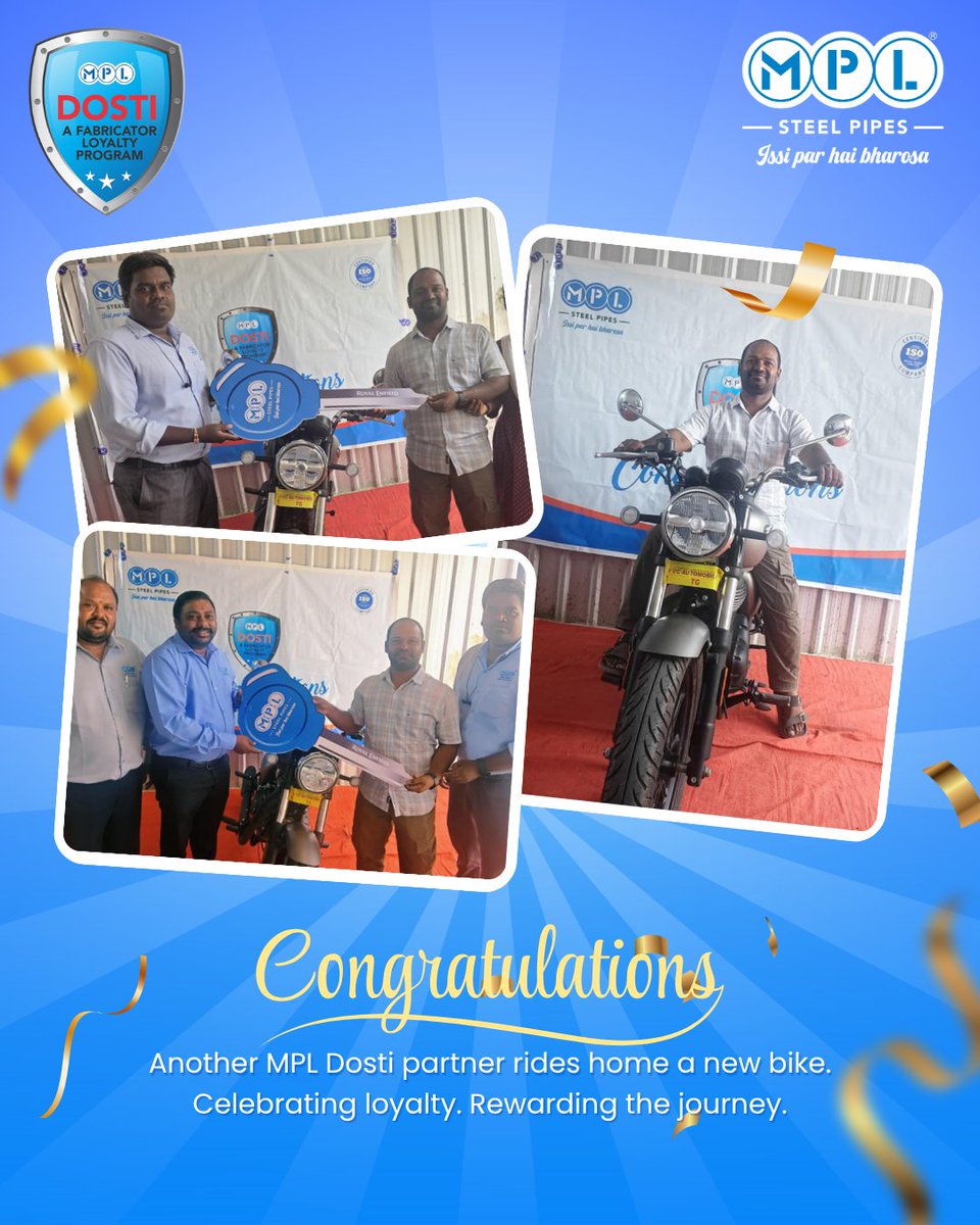 MPLGroup2's tweet photo. 🎉 Congratulations to our MPL Dosti Partner on winning a brand-new bike through the MPL DOSTI App Rewards Programme! 🏆

Your loyalty deserves to be rewarded. Think you’re next? Start earning with MPL DOSTI today!

#MPL #MPLSteelPipes #MPLDosti #IssiParHaiBharosa https://t.co/xBHuJ2f65q