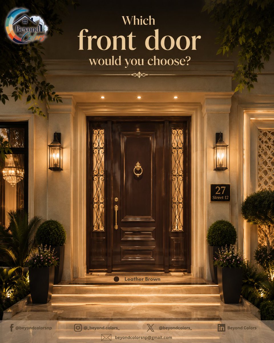 beyondcolors_'s tweet photo. A front door sets the tone for your entire home. ✨🚪

If you had to choose one, would you go for Green Grapes, Leather Brown, Royal Blue, Smoke Grey? 👀

Tell us your pick in the comments! 

#beyondcolorsnp #colorinspiration #colorpalette #interiorinspiration #interiordesign https://t.co/6ud3YHtlCG