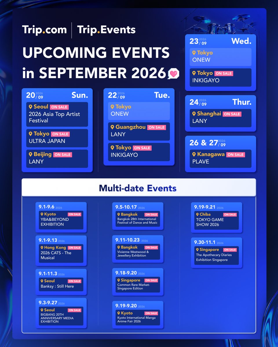 trip_event's tweet photo. September’s breeze is rolling in, and the stage lights are already on. 🍂🎶

Go see the artists you’ve been waiting for, ✨
and hear the songs you’ve been waiting to sing along to. 🎤

👉 Tap the link in bio and find your next live experience.

#TripEvents #Tripcom https://t.co/GLLdWZ65Wc