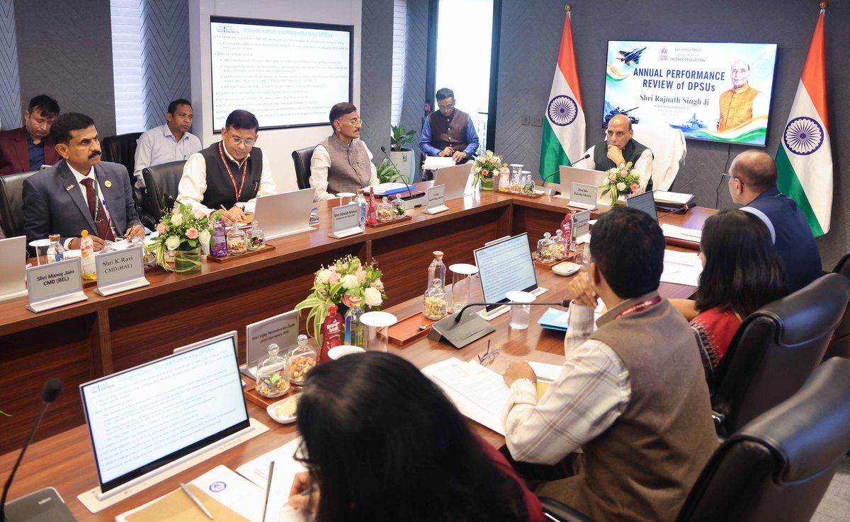 rajnathsingh's tweet photo. Reviewed the performance and progress of 16 DPSUs at DPSU Bhawan in New Delhi. Lauded their noteworthy contribution in record defence production. 

Exhorted them to come up with a roadmap for the next five years to enhance defence preparedness in sync with changing times. 

Transformation of DPSUs is not merely an economic or industrial necessity; it is a national security imperative.